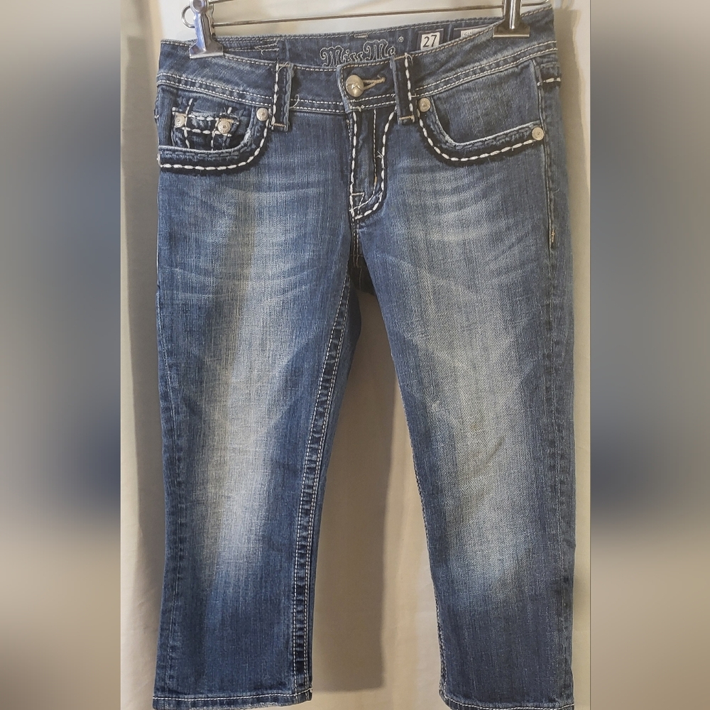Miss Me Women Sunny Capri Jeans Thick Stitch Back Pocket. Blue 27